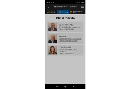 Kontakty - snímek mobilní aplikace