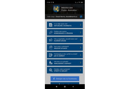 Hlavní menu - snímek mobilní aplikace